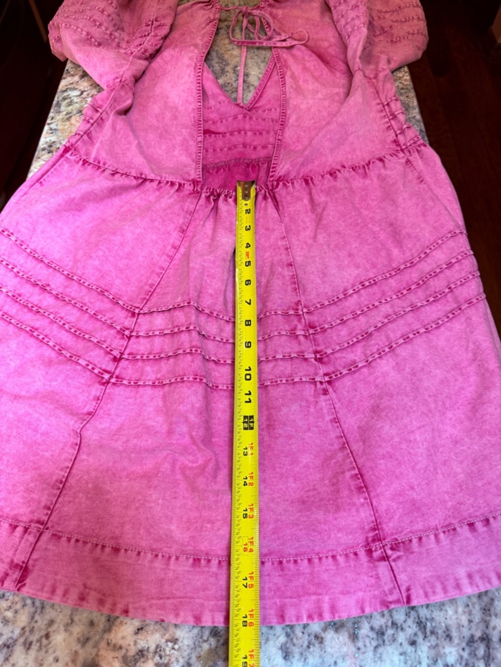 Free People Pink Babydoll Mini Dress Puff Sleeve Boho Acid Wash Size Large - Picture 7 of 11
